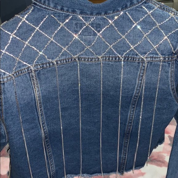 Distressed Jean Jacket with Rhinestone Fringe - Picture 9 of 9